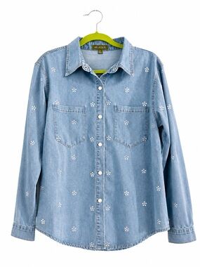 Kiwi Club 100% Cotton Rhinestone Floral Denim Snap Button Top Medium